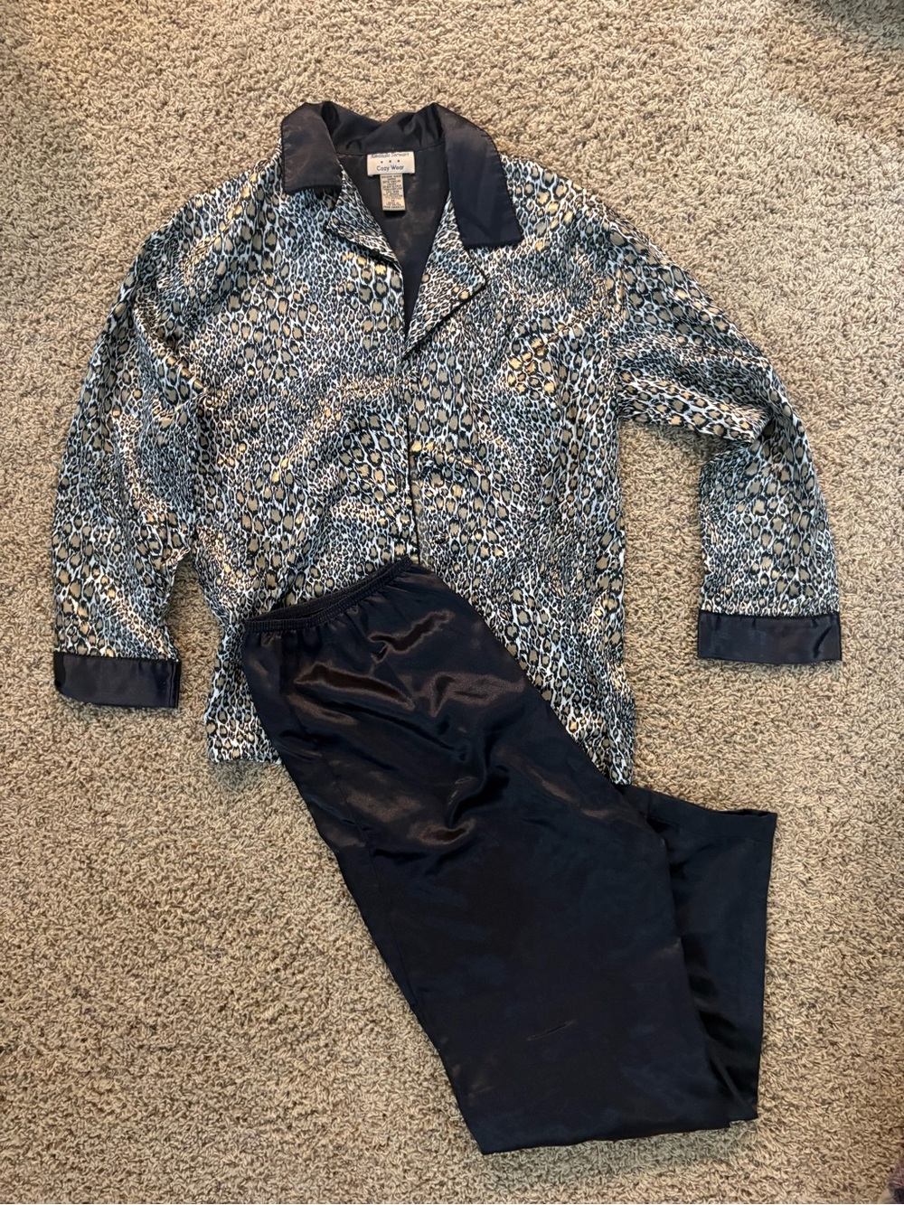 Silky Two-Piece Pajama Set in Black and Cream- Leopard Print